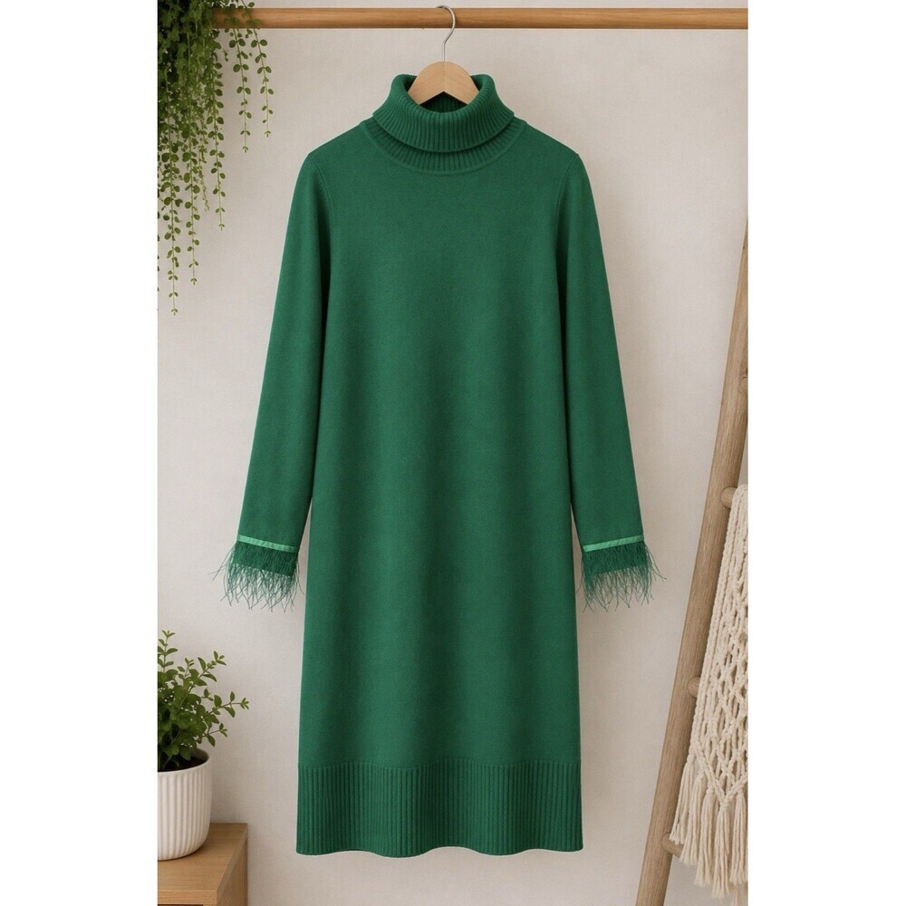 WAYF Green Turtleneck Sweater Dress Size Medium Feather Cuff Knit Knee Length
